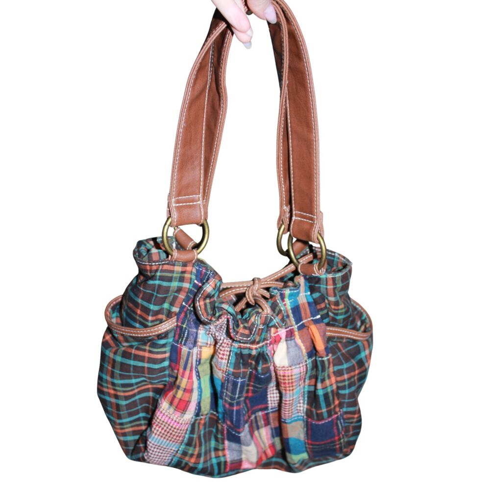Brown Plaid Patchwork Drawstring Shoulder Bag